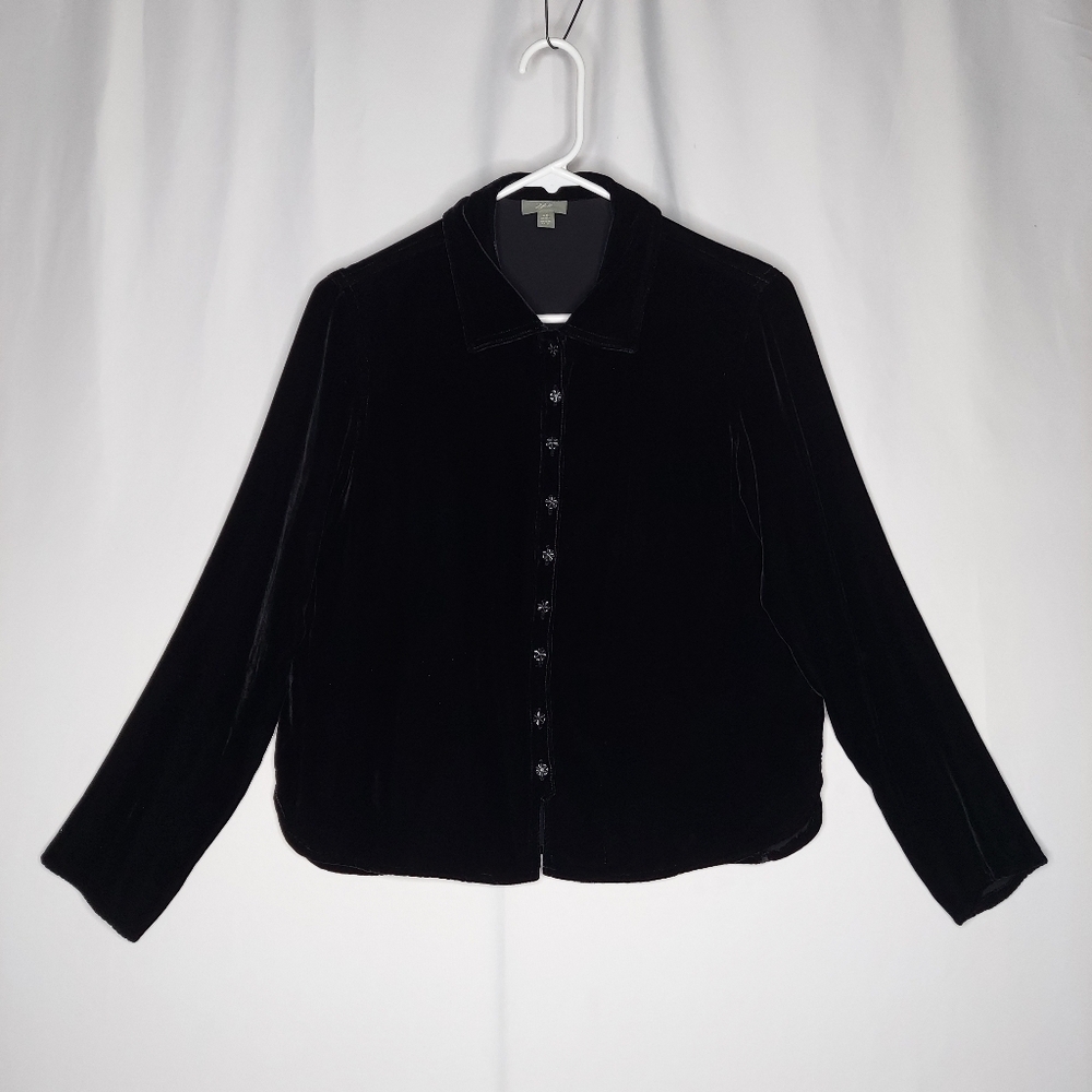J Jill Vtg‎ Velvet Top Women Petite XS Black Silk-Blend Button Collar Witchy
